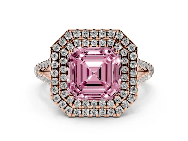 Fancy Pink Asscher Cut Diamond Double Halo Ring Set in Rose gold with Pavé Band