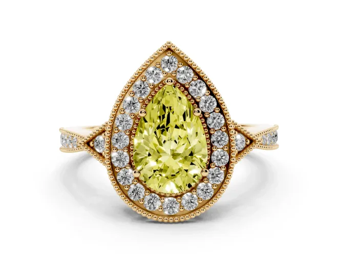 Pear-Shaped Milgrain Halo Engagement Ring Setting for a Fancy Yellow Lab-Grown Diamond | Graduated Pavé | Yellow Gold