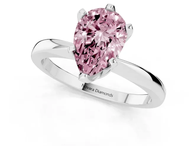 Fancy Pink Pear Cut Diamond Solitaire Engagement Ring Set in Platinum with Slim Tapered Solitaire Band – second view