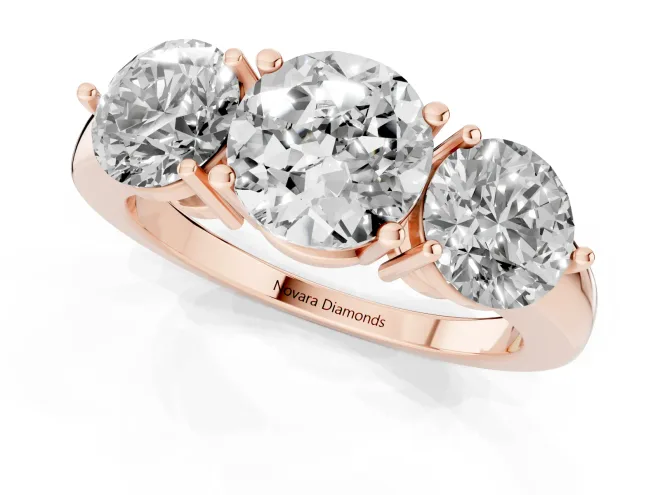 Round Cut Diamond Three-Stone Ring Set in Rose gold with Prong Setting and Plain Band – second view