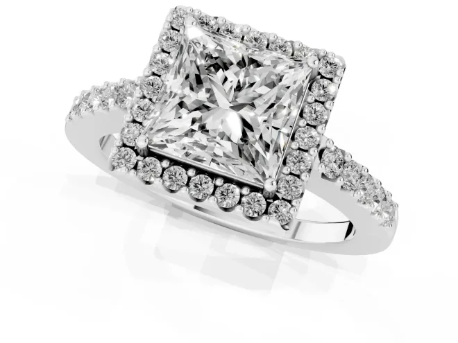 Princess Cut Diamond Halo Pavé Solitaire Ring Set in Platinum with Prong-Set Center Stone – second view