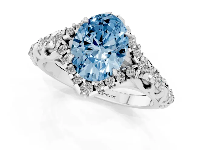 Fancy Blue Oval Cut Diamond Solitaire Ring Set in Platinum with Hidden Halo and Pavé Band – second view