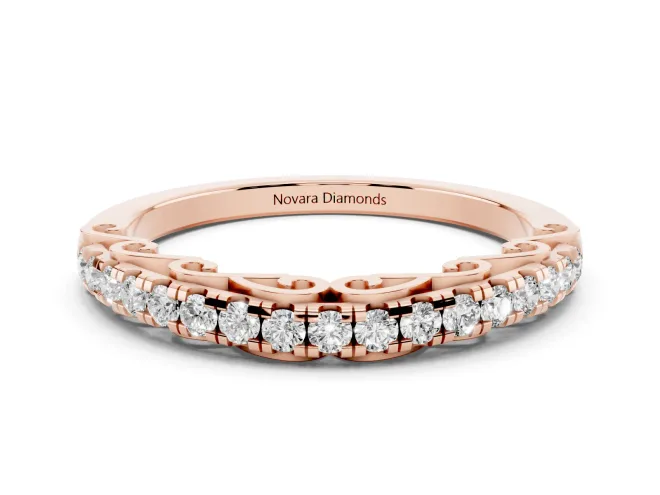 Round Lab-Grown Diamond Shared Prong Half Eternity Wedding Band | Scroll Gallery | Rose Gold