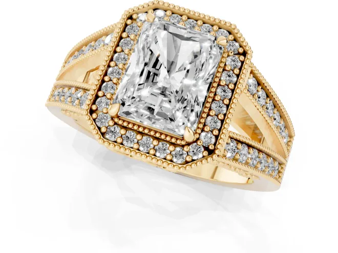 Radiant Cut Diamond Halo Ring Set in Yellow gold with Stone-Set Split Shank and Milgrain Edges – second view