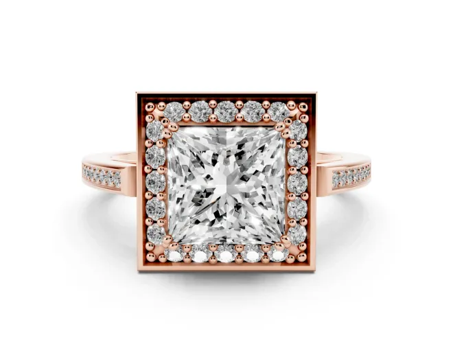 Princess Cut Diamond Halo Ring Set in Rose gold with Accent-Lined Split Shank and Prong Setting