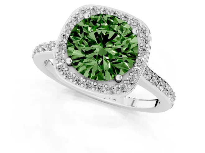 Fancy Green Round Cut Diamond Halo Engagement Ring Set in White gold with Round Pavé Shoulders and Heart Gallery – second view