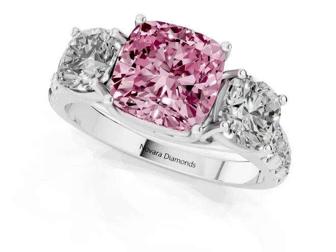 Fancy Pink Cushion Cut Diamond Three-Stone Ring Set in White gold with Pavé Band – second view