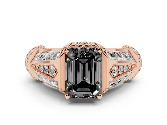 Fancy Black Emerald Cut Diamond Vintage-Inspired Milgrain Ring Set in Rose gold with Accent Split Shank