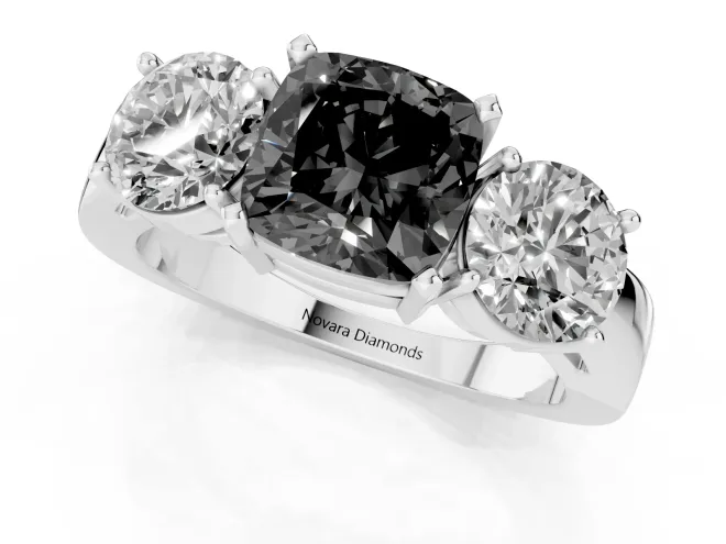 Fancy Black Cushion Cut Diamond Three-Stone Ring Set in Platinum with Round Side Stones and Classic Band – second view