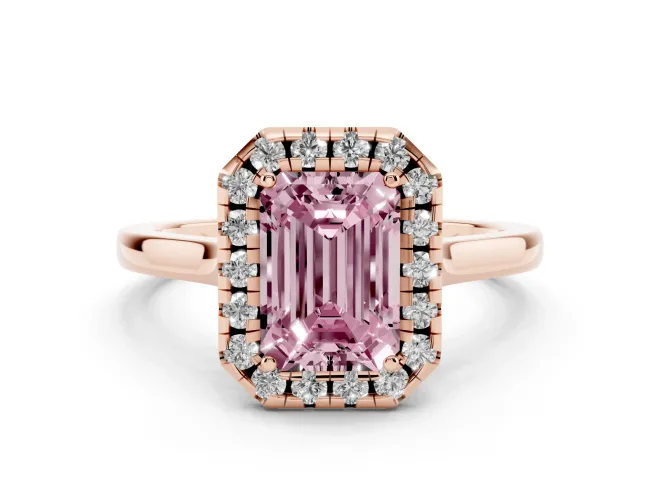 Emerald Cut Halo Engagement Ring Setting for a Fancy Pink Lab-Grown Diamond | Flat Tapered Band | Rose Gold