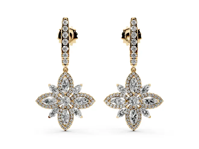 Marquise and Round Lab-Grown Diamond Floral Drop Earrings | Graduated Bar Top | Yellow Gold