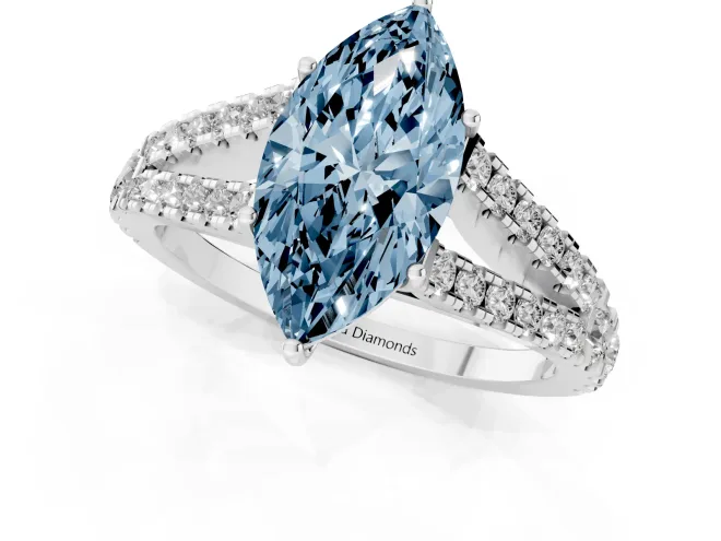 Fancy Blue Marquise Cut Diamond Split Shank Pavé Engagement Ring Set in Platinum with Prong-Held Center Stone – second view