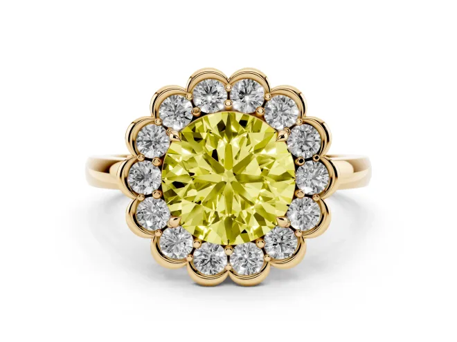 Round Scalloped Cluster Halo Engagement Ring Setting for a Fancy Yellow Lab-Grown Diamond | Plain Band | Yellow Gold