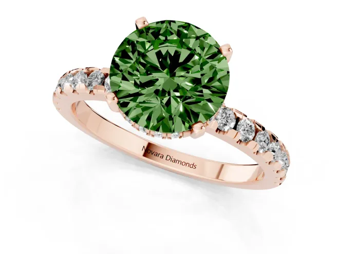 Fancy Green Round Cut Diamond Pavé Solitaire Ring Set in Rose gold with Round Band Accents and Prong Setting – second view
