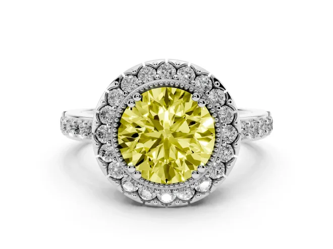 Fancy Yellow Round Cut Diamond Halo Ring Set in Platinum with Pavé Shank and Prong Setting