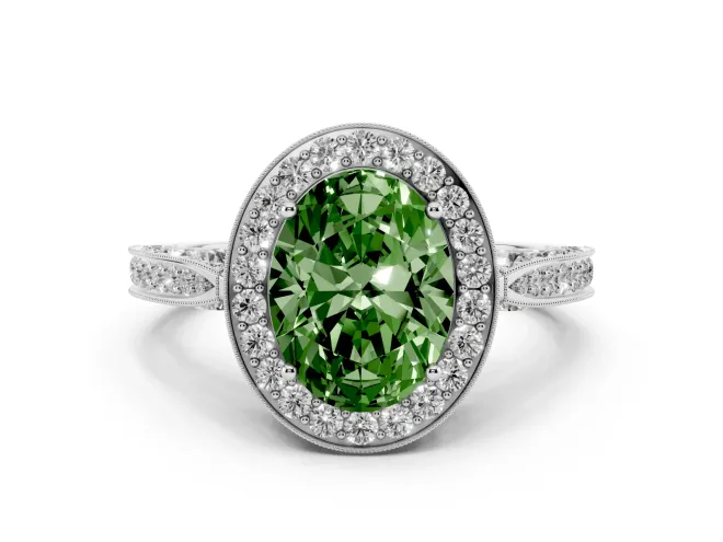 Fancy Green Oval Cut Diamond Halo Engagement Ring Set in Platinum with Accent Split Shank Band