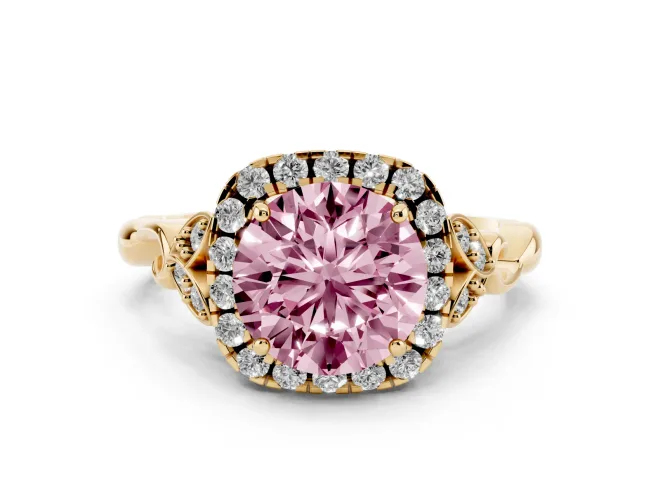 Round Halo Engagement Ring Setting for a Fancy Pink Lab-Grown Diamond | Leaf Shoulders | Yellow Gold