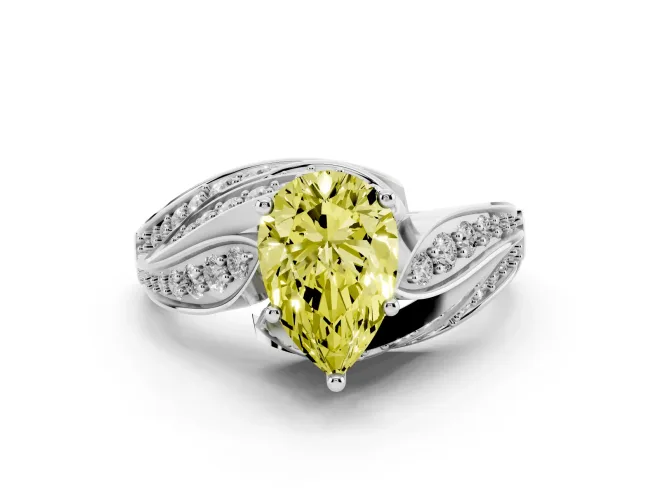 Fancy Yellow Pear Cut Diamond Solitaire Ring Set in Silver with Layered Twist Pavé Band