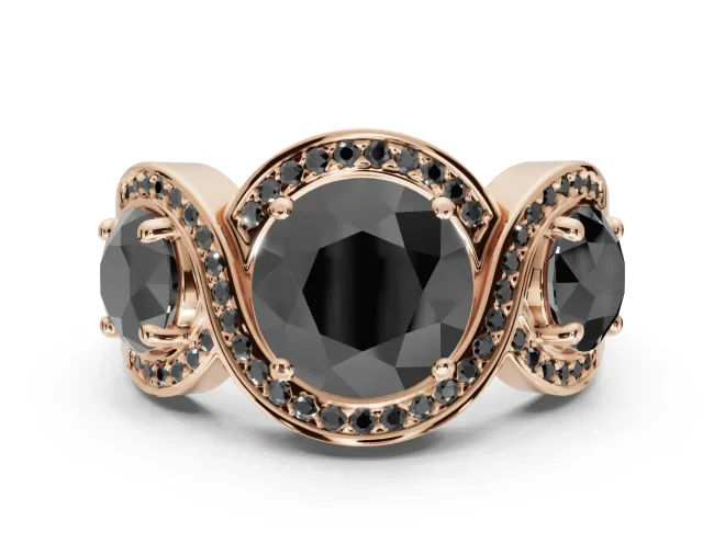 Round Three Stone Halo Engagement Ring Setting for a Black Center | Pavé Wave Band | Rose Gold