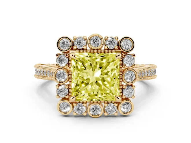 Princess Cut Scalloped Halo Engagement Ring Setting for a Fancy Yellow Lab-Grown Diamond | Milgrain Edges | Yellow Gold