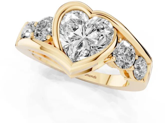 Heart Cut Diamond Bezel Bypass Ring Set in Yellow gold with Round Accents – second view