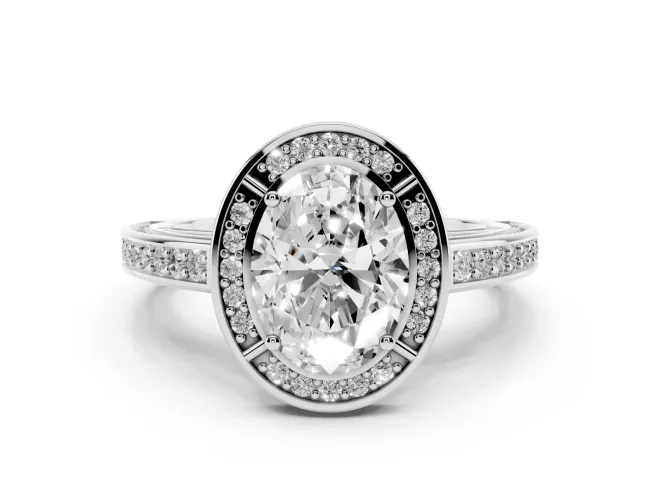 Oval Cut Diamond Halo Pavé Split Shank Ring Set in White gold with Prong Setting