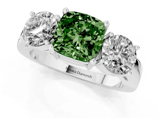 Fancy Green Cushion Cut Diamond Three-Stone Ring Set in Platinum with Round Side Stones and Classic Band – second view