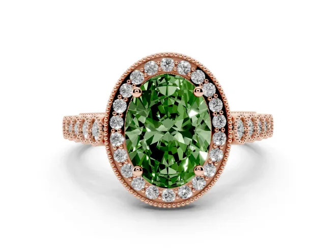 Oval Graduated Milgrain Halo Engagement Ring Setting for a Fancy Green Lab-Grown Diamond | Rose Gold