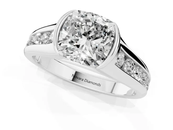 Cushion Cut Diamond Bezel-Set Solitaire Ring Set in White gold with Channel-Set Band – second view