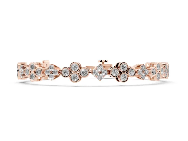 Round Lab-Grown Diamond Cluster Tennis Bracelet | Bezel Clover Stations | Rose Gold
