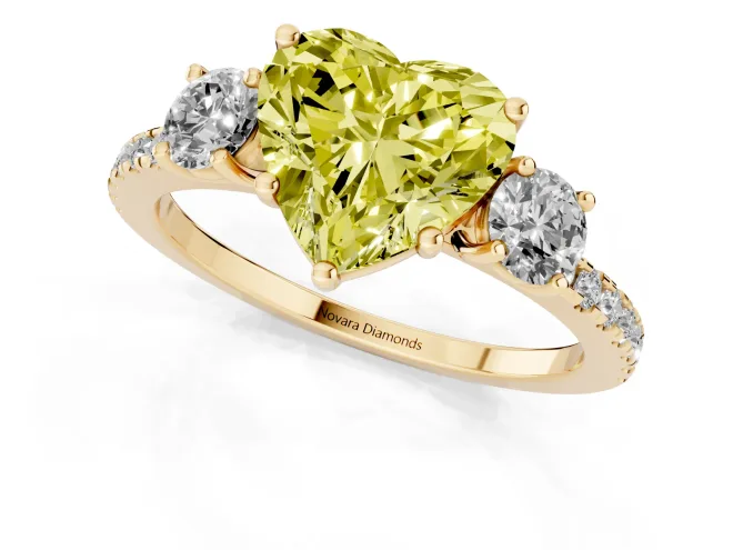 Fancy Yellow Heart Cut Diamond Three-Stone Ring Set in Yellow gold with Pavé Band and Graduated Sides – second view