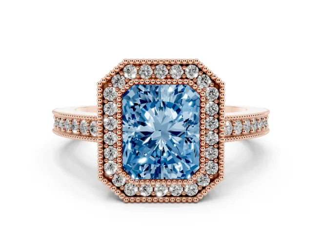 Fancy Blue Radiant Cut Diamond Halo Engagement Ring Set in Rose gold with Pavé Band and Round Halo Stones