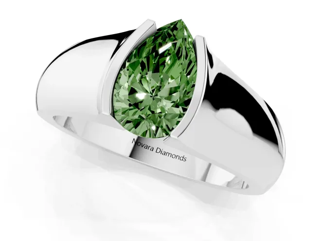 Fancy Green Pear Cut Diamond Bezel Solitaire Ring Set in Silver with Wide Band – second view