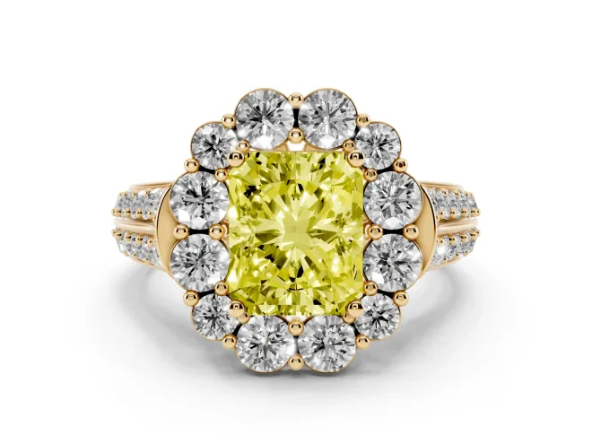 Radiant Cut Large Accent Halo Engagement Ring Setting for a Fancy Yellow Lab-Grown Diamond | Yellow Gold