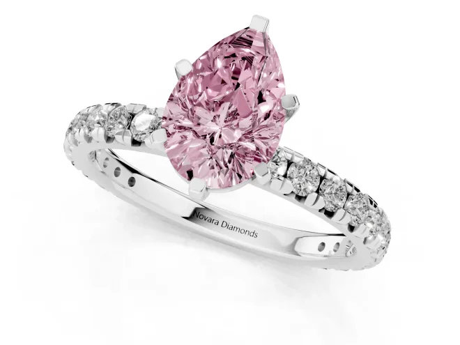 Fancy Pink Pear Cut Diamond Pavé Solitaire Ring Set in White gold with Round Band and Prong Setting – second view