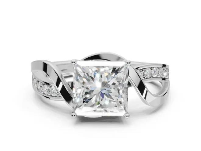 Princess Cut Bypass Solitaire Engagement Ring Setting | Pavé and Plain Strands | Sterling Silver