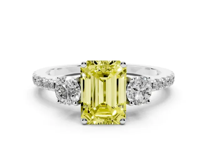 Emerald Cut Three Stone Engagement Ring Setting for a Fancy Yellow Lab-Grown Diamond | Pave Shoulders | Sterling Silver
