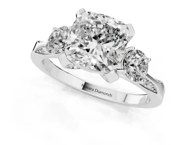 Cushion Cut Diamond Three-Stone Ring Set in White gold with Pavé Band and Smaller Side Stones – second view