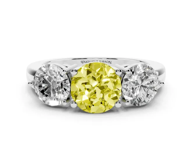 Fancy Yellow Round Cut Diamond Three-Stone Ring Set in Platinum with Prong Setting and Plain Band