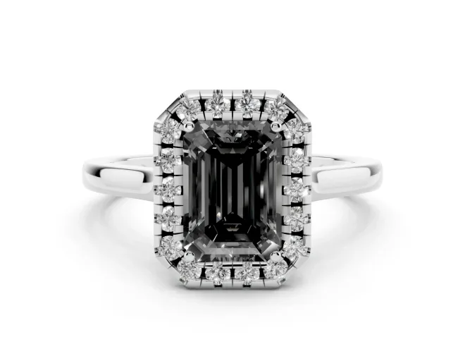 Fancy Black Emerald Cut Halo Round Diamond Solitaire Ring Set in Silver with Pavé Band and Prong Setting