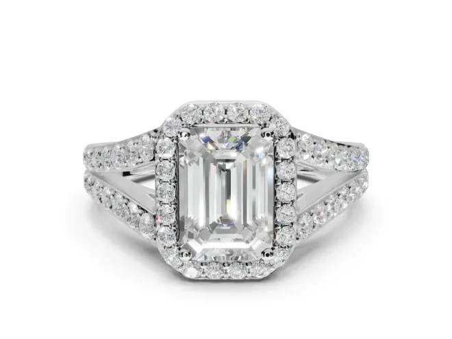 Emerald Cut Halo Pavé Engagement Ring Setting | Narrow Split Shank | White Gold