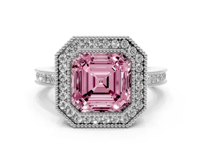Asscher Cut Milgrain Halo Engagement Ring Setting for a Fancy Pink Lab-Grown Diamond | Pavé Band | Sterling Silver