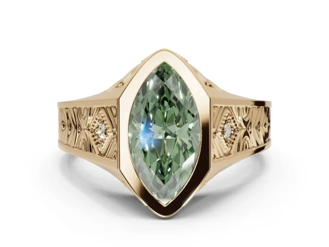 Marquise Vintage Bezel Engagement Ring Setting for a Fancy Green Lab-Grown Diamond | Engraved Band | Yellow Gold