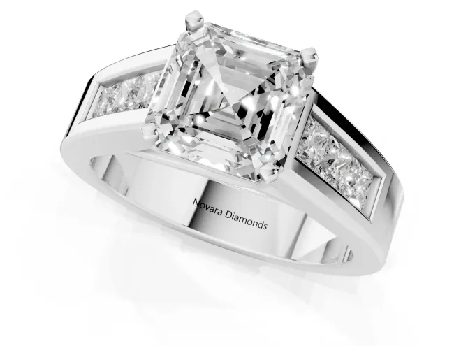 Asscher Cut Diamond Solitaire Ring Set in Platinum with Channel-Set Accent Stones and Prong Setting – second view