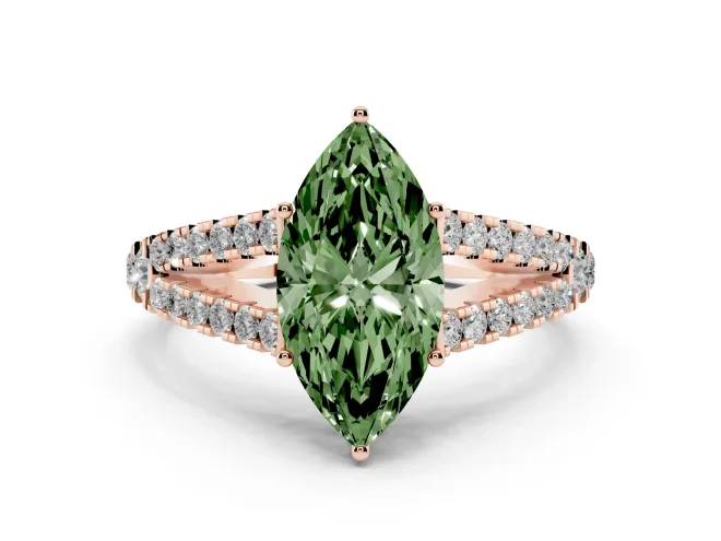 Fancy Green Marquise Cut Diamond Split Shank Pavé Engagement Ring Set in Rose gold with Prong-Held Center Stone