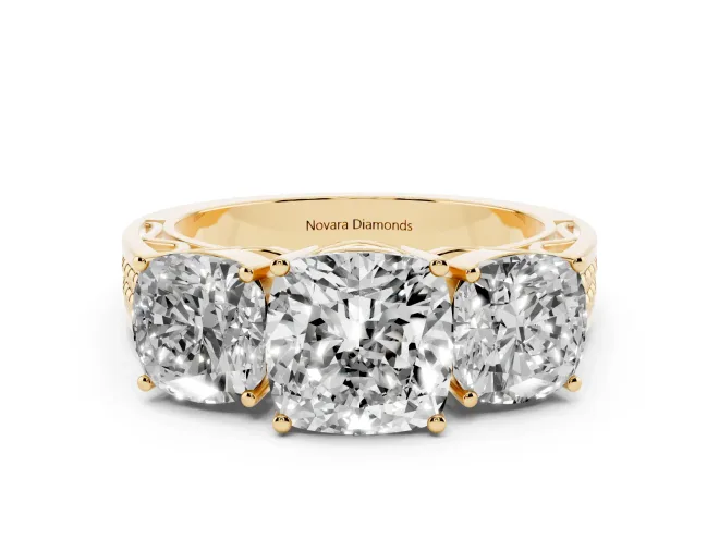 Cushion Cut Three Stone Engagement Ring Setting | Beaded Shoulders | Yellow Gold