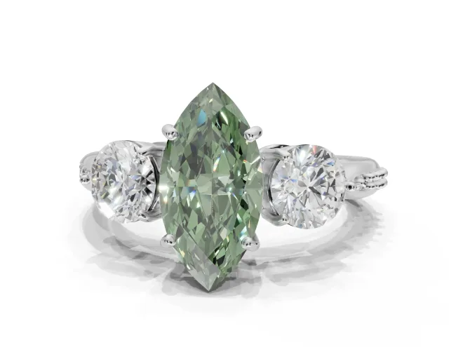 Marquise Three Stone Engagement Ring Setting for a Fancy Green Lab-Grown Diamond | Tapered Pave Band | Sterling Silver