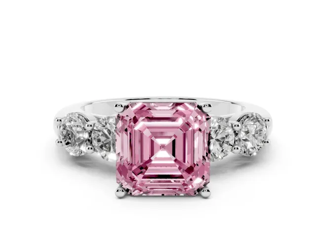 Asscher Cut Five Stone Engagement Ring Setting for a Fancy Pink Lab-Grown Diamond | Prong Set Side Stones | White Gold