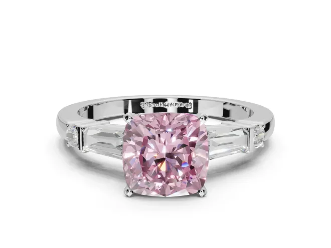 Cushion Cut Tapered Baguette Engagement Ring Setting for a Fancy Pink Lab-Grown Diamond | White Gold