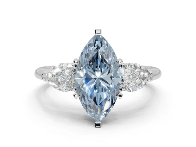 Marquise Three-Stone Ring Setting for a Fancy Blue Lab-Grown Diamond | Pear Side Stones | White Gold